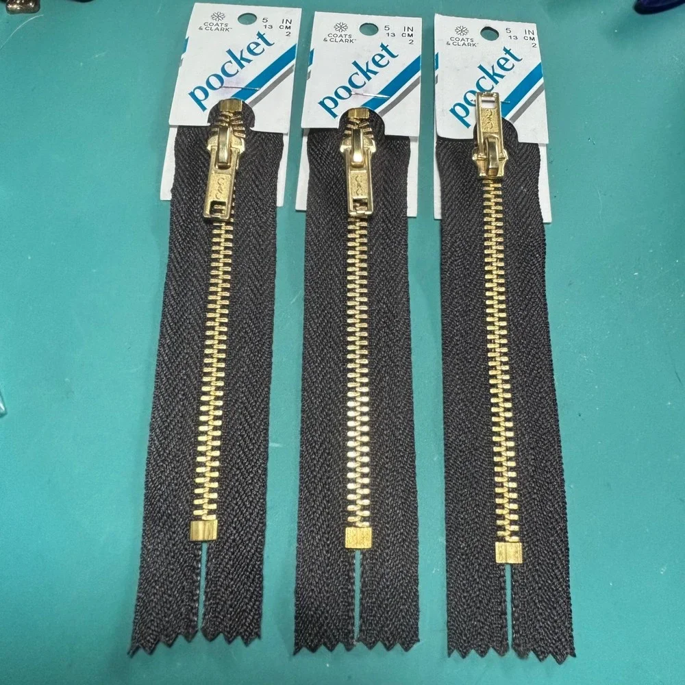 Coats & Clark 5 Inch Pocket Zippers‎ Black Brass Metal Teeth Lot of 3 F63 USA